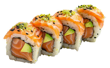 Fresh salmon sushi roll with avocado and rice, cut out - stock png.