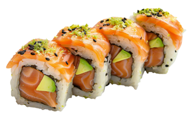 Fresh salmon sushi roll with avocado and rice, cut out - stock png.