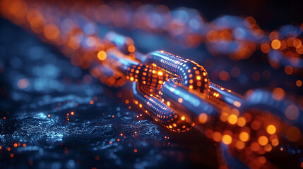 Glowing Digital Blockchain Chain With Data Particles and Binary Code, Representing Cybersecurity, Cryptocurrency, and Decentralized Networks