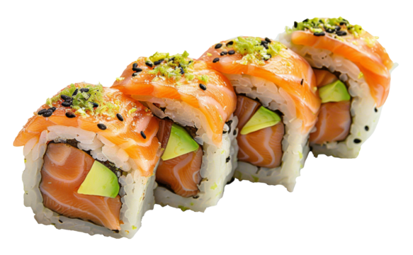 Fresh salmon sushi roll with avocado and rice, cut out - stock png.