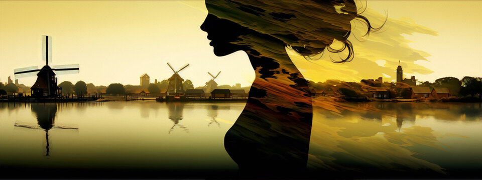 The silhouette of a woman's face is superimposed on a landscape of windmills and houses by the water, painted in warm colors.