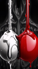 Black and red glossy balls dripping on a dark patterned background.