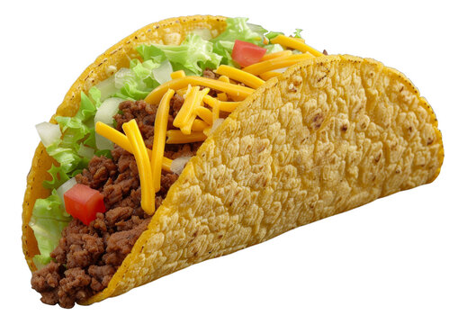 Crunchy beef taco with lettuce, cheese, and tomato, cut out - stock png.