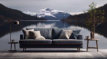 Blue couch in a room with a view of a lake and mountains in the distance.