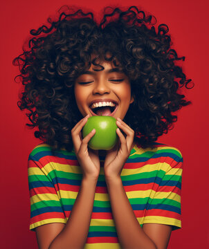 Photo of a young woman with curly hair, smiling and eating an apple in her hand