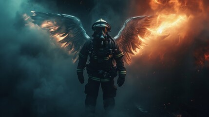 Portrait of a fireman in a dark room with fire and smoke - obrazy, fototapety, plakaty