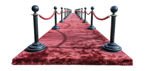 Luxurious red carpet event entrance with velvet ropes, cut out - stock png.
