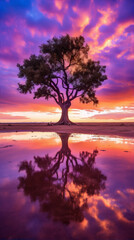 Fototapeta na wymiar vibrant tree and water reflection at sunset with purple orange blue colors