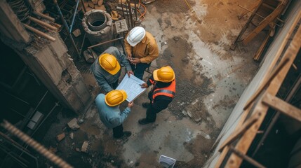 Construction workers examining a blueprint amidst the scenic landscape, with water and art enhancing the building's architecture. AIG41