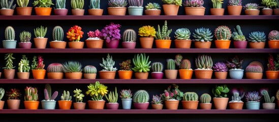 A shelf is completely filled with various types of colorful potted plants, including multicolored cacti and succulents in small pots of yellow, pink, orange, and red hues.
