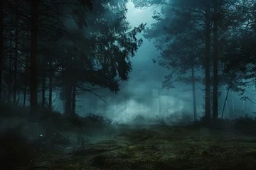 Tissu par mètre Vert bleu Moody forest landscape with fog and mist