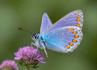 Blue butterfly with orange and black markings on its wings perched on a purple clover flower with green foliage in the background