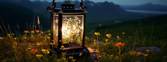 Mystical lantern in a summer night meadow with flowers and mountains in the background