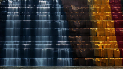 Waterfall, stepped, brown, yellow, red, blue, black, white, nature, landscape, photography
