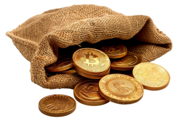 Digital cryptocurrency Bitcoins spilling from burlap bag, cut out - stock png.