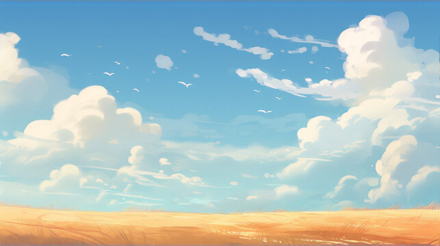 Digital painting of a golden wheat field under a blue sky with white clouds and flying birds.