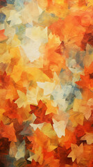 Abstract painting of colorful autumn leaves in red, orange, yellow, and green colors with a white background.