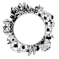 Iris, anemone, chrysanthemum flower round shape wreath. Vector spring, summer flowers and leaves bouquet border.