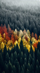 Colorful autumn forest from above, yellow, orange and red leaves of trees, green conifers, nature, fall season, aerial view