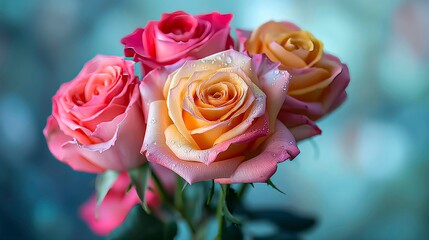 A bouquet of three roses with one pink and two orange