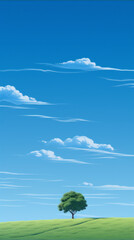 Fototapeta premium Cartoon landscape of a single tree under a blue sky with white clouds in the background.