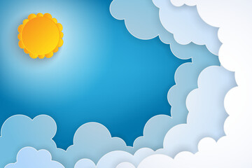 White paper cut clouds and sun with rays in the blue sky. Modern 3d paper art style. Vector illustration of cloudscape, sunny day