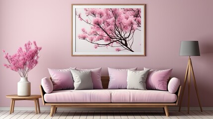 A living room with a pink couch and a pink framed picture of a tree. The couch is covered in pink...