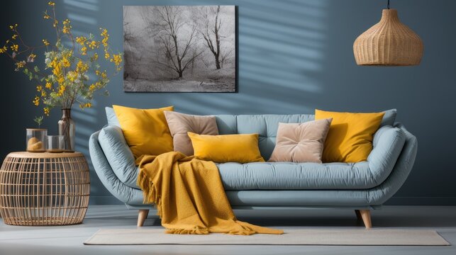 A living room with a blue couch, a yellow blanket, and a black and white photo on the wall