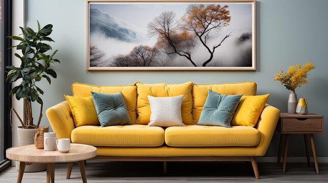 A yellow couch with pillows and a framed picture of a tree on the wall. The couch is in a living room with a wooden coffee table and a potted plant. The room has a cozy and inviting atmosphere
