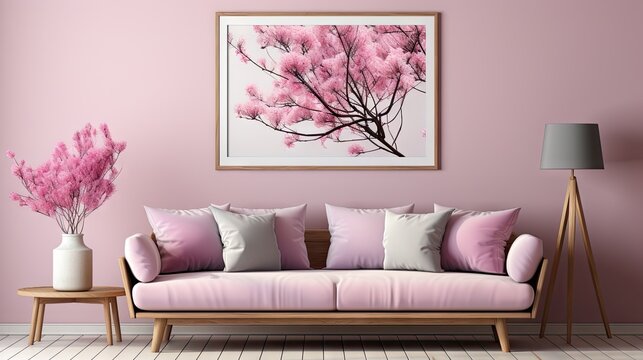 A living room with a pink couch and a pink framed picture of a tree. The couch is covered in pink pillows and there is a vase with pink flowers on a table
