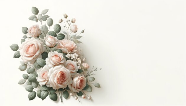 Top View of a Delicate Bouquet of Soft Pink Roses and Greenery, a Versatile Background for Special Occasions
