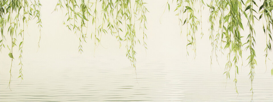 Delicate green willow branches hang over a smooth lake reflecting the pale sky in a traditional Chinese ink wash painting style.