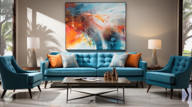 A blue couch and two chairs are in a living room with a large painting on the wall. The painting is abstract and colorful, giving the room a lively and artistic feel. The room is well-lit
