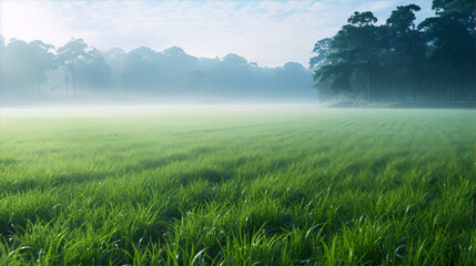 Photography of a green grassy field in the morning with a white fog and blue sky