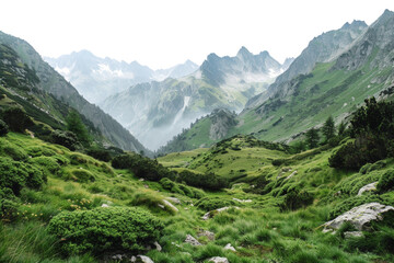 Fototapeta na wymiar Green alpine meadows and rugged mountain peaks in serene scenery, cut out - stock png.