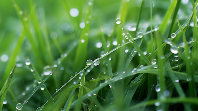 Close-up of water drops on green grass blades with a blurred background in the nature photography style.