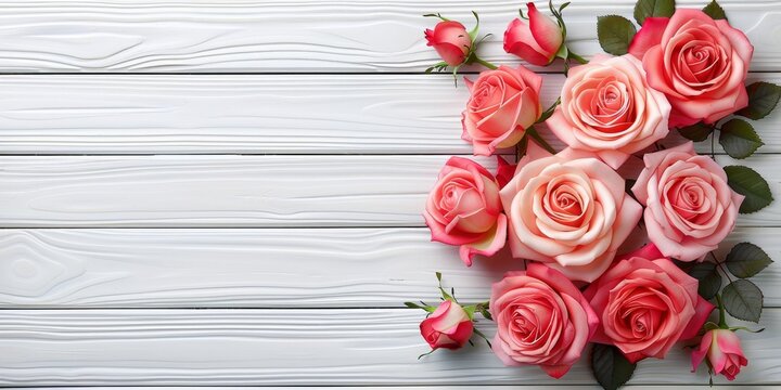 Lovely Pink Roses Laid on Rustic White Wooden Surface, a Perfect Floral Background for Romantic Concepts