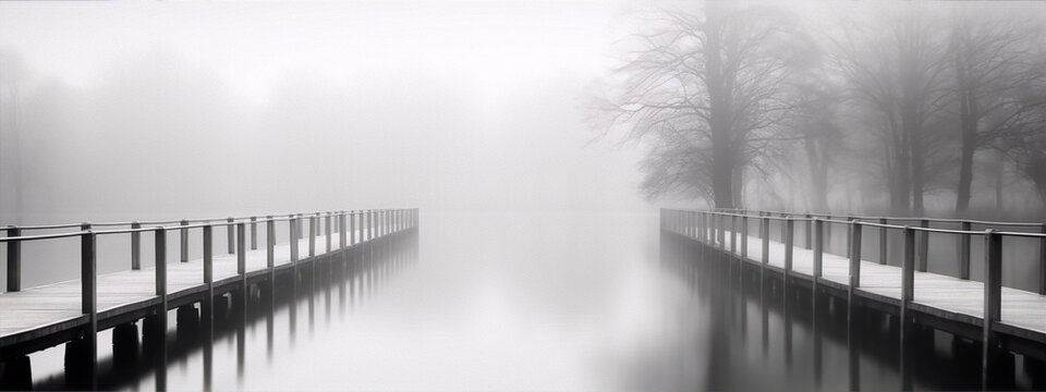 Black and white photo of a wooden dock over a misty lake with trees in the background.