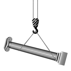 Engraved vintage black and white drawing of a modern crane hook with ancient greek column hanging on a chaine isolated on white. Vector illustration