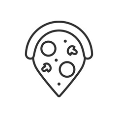 Map pin shaped pizza, linear icon. Delivery. Pizzeria. Line with editable stroke