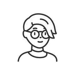 Woman with short hairstyle with glasses, linear icon. Avatar. Line with editable stroke