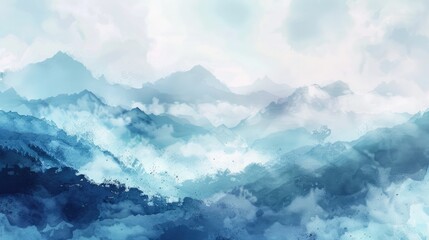 Misty landscape background with fog and mountains in watercolour style, nature poster or banner