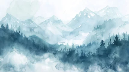 Poster Misty landscape background with fog and mountains in watercolour style, nature poster or banner © eireenz
