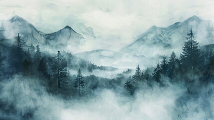 Misty landscape background with fog, mountains and fir forest in watercolour style, nature poster or banner