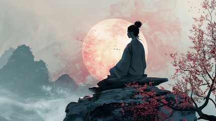 A peaceful illustration of a woman sitting in the mountains meditating, Chinese meditation illustration with the sun mountains and a sakura tree