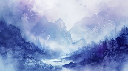 Misty landscape background with fog and mountains in watercolour style, nature poster or banner