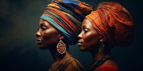 A portrait of two african women wearing colorful head scarves stand in a row - obrazy, fototapety, plakaty