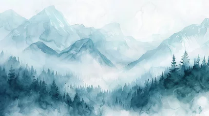Fotobehang Misty landscape background with fog, mountains and fir forest in watercolour style, nature poster or banner © eireenz