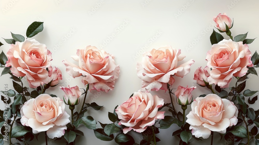 Wall mural symmetrical arrangement of pale pink roses with lush green leaves on a white background creating a t