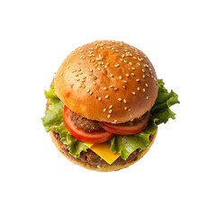Hamburger isolated on transparent background. Cheeseburger with beef, cheese and lettuce.